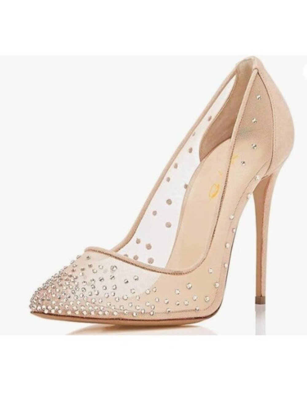 XYD Nude Rhinestones Studded Stiletto Heels Mesh Pump Slip On Pointed Toe Shoes
